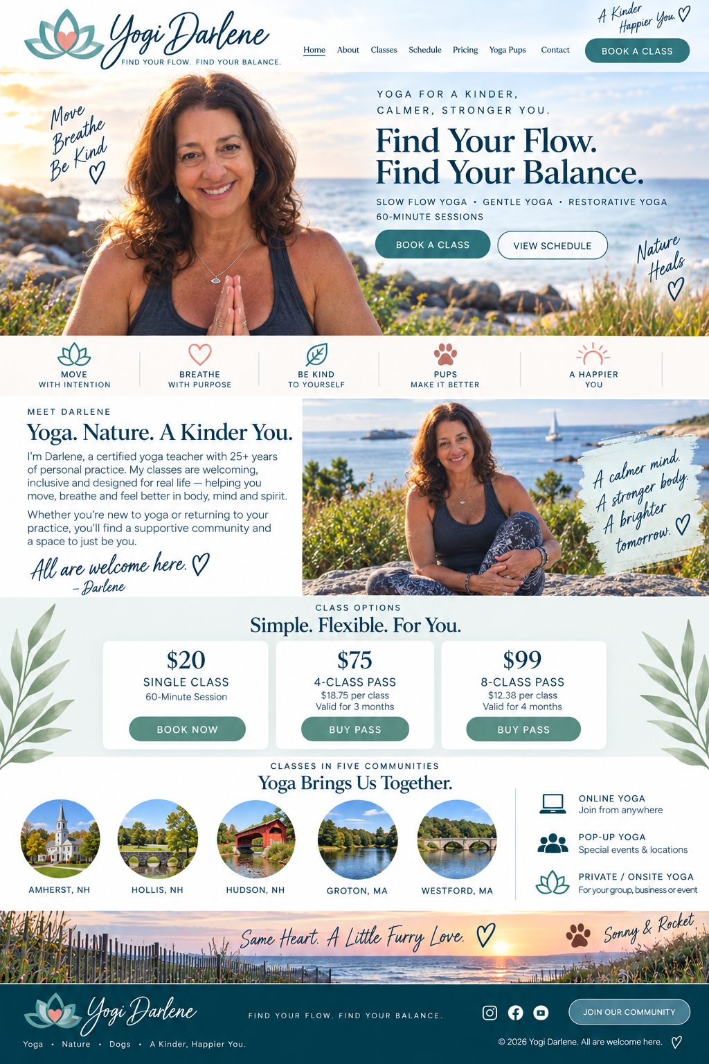 Yogi Darlene coastal yoga homepage featuring Darlene, local classes, and Sonny and Rocket