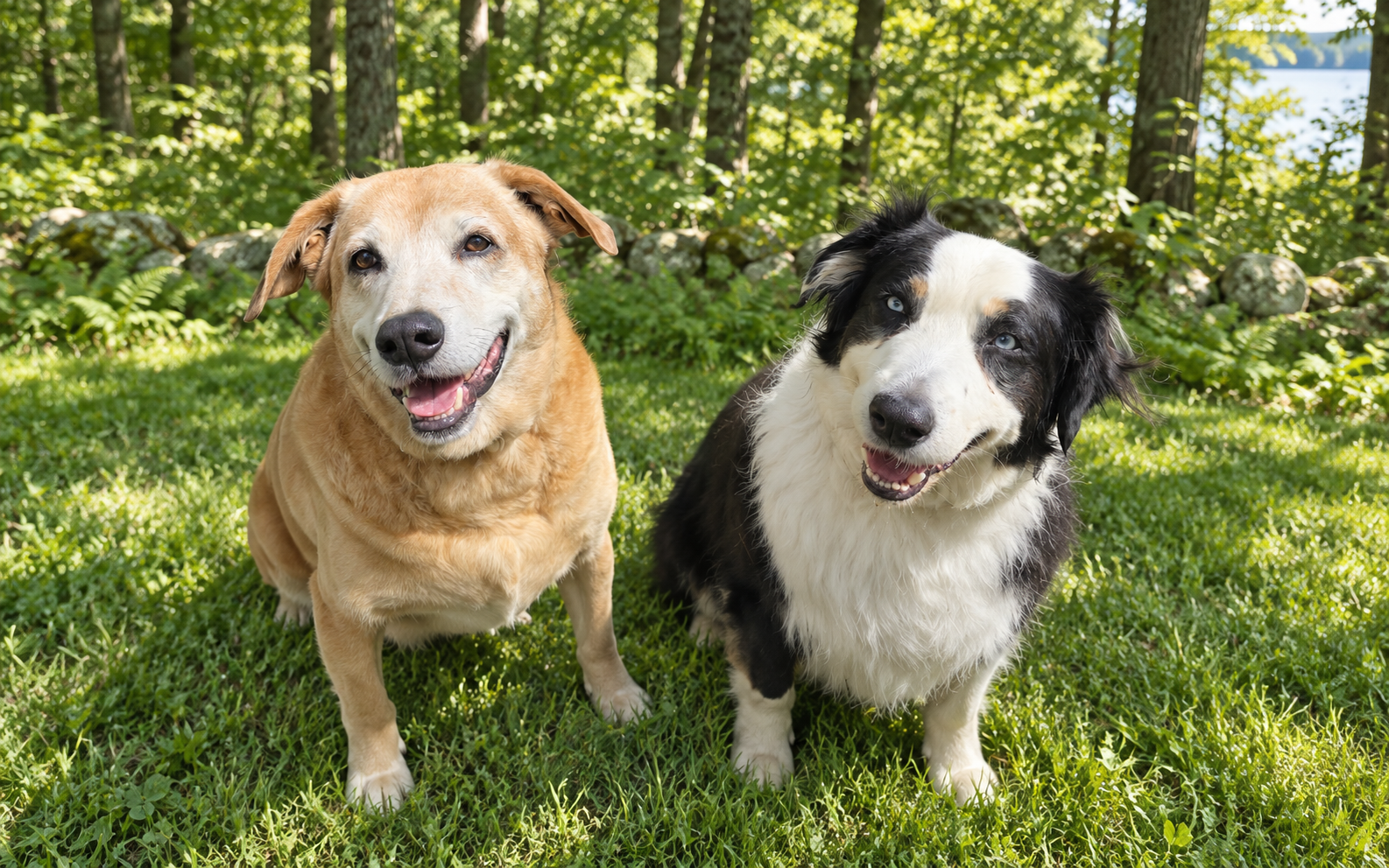 Sonny and Rocket, Darlene's Yoga Pups, smiling together on green grass beside the woods